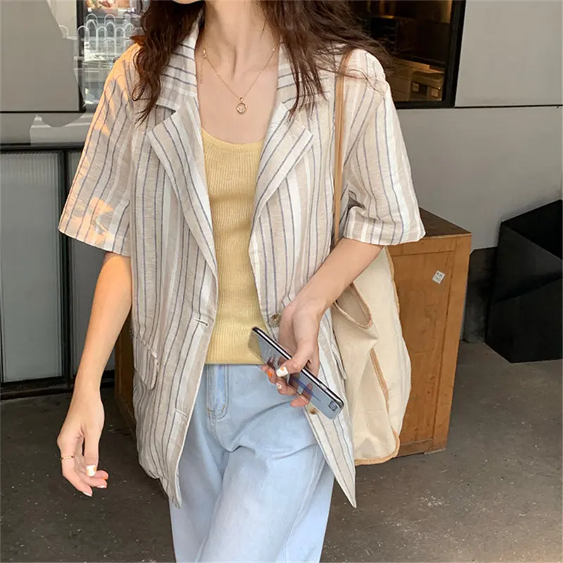 

HziriP Fashion Brief Striped Notched Blazer 2019 Summer OL Women Single Breasted Simple Short Sleeves Loose Office Ladies Blazer