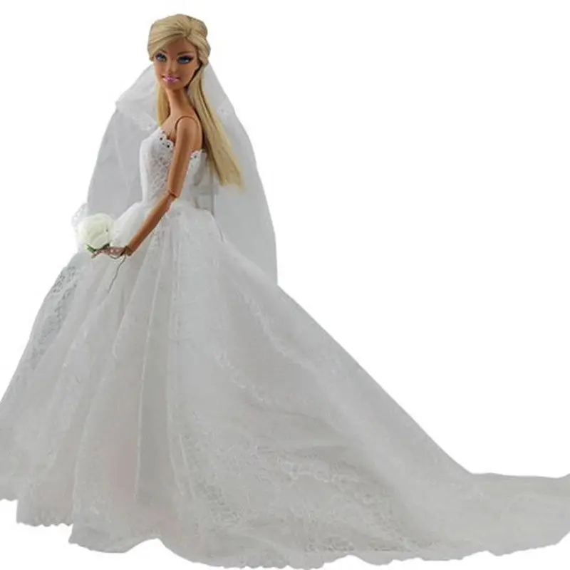 Saleaman Wedding Dress for Pretty Doll Princess Evening Party Clothes Wears Long Dress Outfit Set for Barbie Doll with Veil
