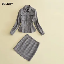 2017 Autumn Winter Style Jacket Suits Women Vintage Plaid Print Tweed Wool Coats+Bodycon Pencil Skirts Set 2 Piece Coat Suit OL