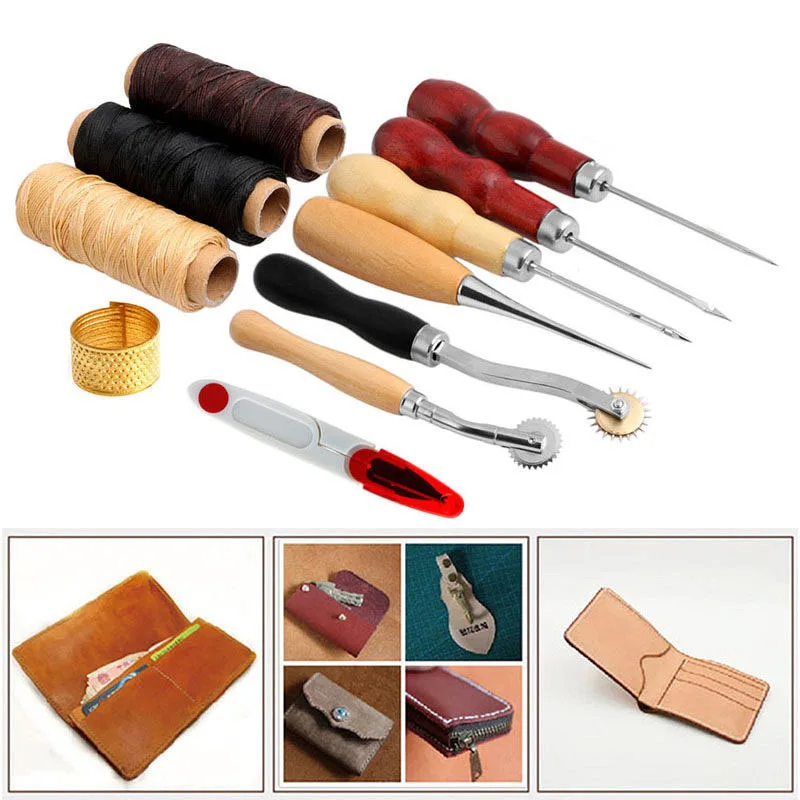 13Pcs Leather Craft Hand Stitching Sewing Tool Thread Awl Waxed Thimble ...