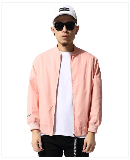 Pink Casual Men Jacket Hip Hop Loose Pink Bomber Jacket