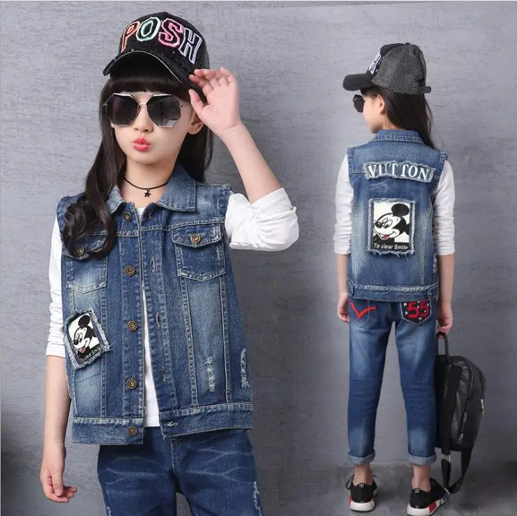 

2018 spring and autumn children outerwear personality hole cartoon denim vest for boys and girls/baby 3-13years