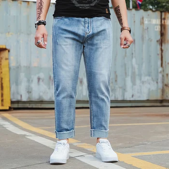 

New large size Loose large pocket Nine points jeans Spring and Autumn Elastic Straight waist Washed Light blue Jeans 6XL