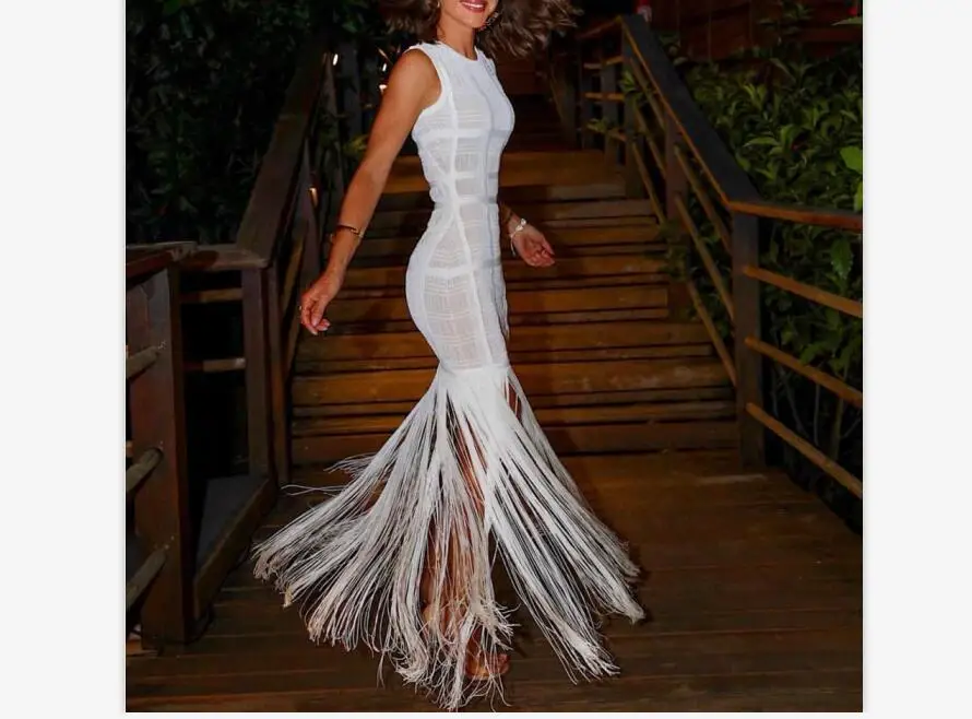 

Bandage Dress White Elegant Fashion Women Night Club Celebrity Party Dress Tassel Summer Sexy Dresses
