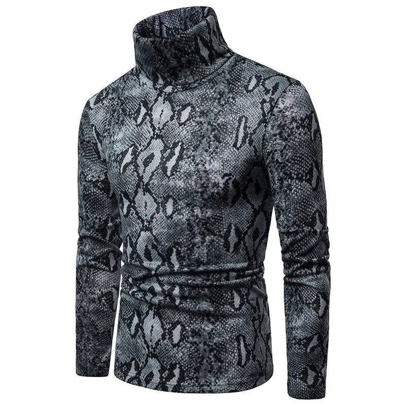 Мужской свитер с высоким воротником зимний теплый свитер Змеиный леопардовый Топ свитер рубашка с длинными рукавами - Цвет: Серый