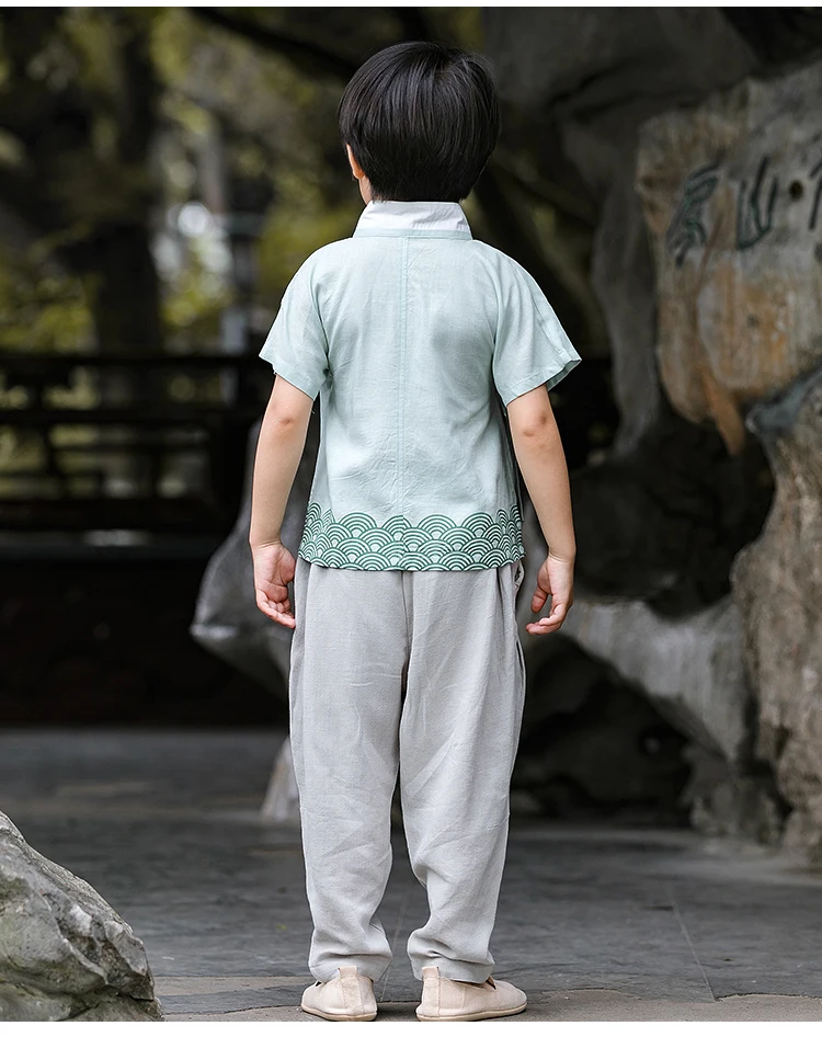 Для традиционного китайского танца; костюмы для мальчиков «Человек древней китайской династии Тан Цин костюм ханьфу для детей Для детей, на лето топ и брюки в народном стиле для танцев DQS1655