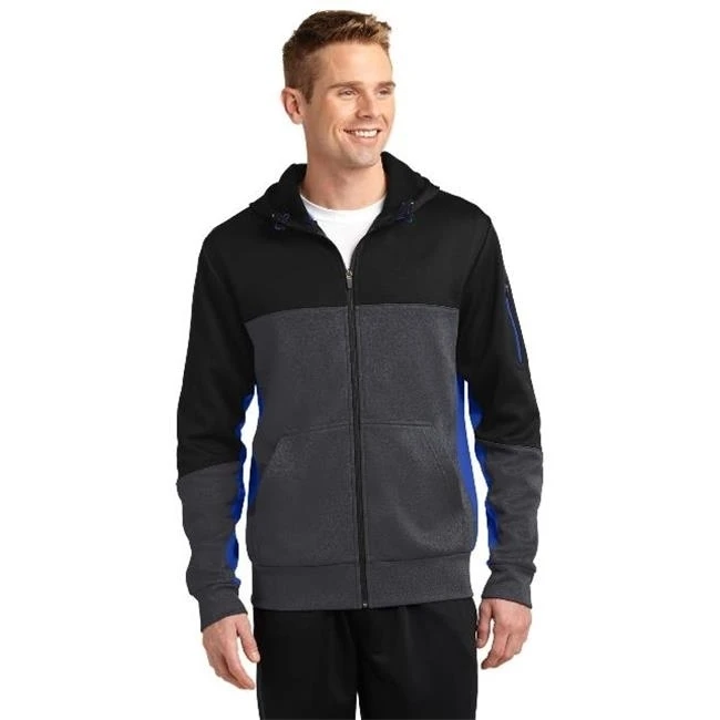 Sport-Tek ST245 Mens Tech Fleece Colorblock Full-Zip Hooded Jacket Black Graphite Heather & True Royal - Extra Large