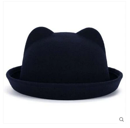 Модная шерстяная фетровая женская шляпа от солнца, винтажная женская шляпа Боулер Дерби, летняя шляпа с кошачьими ушками, шапка с животными, не деформированная хорошая упаковка 20 - Цвет: Navy Blue