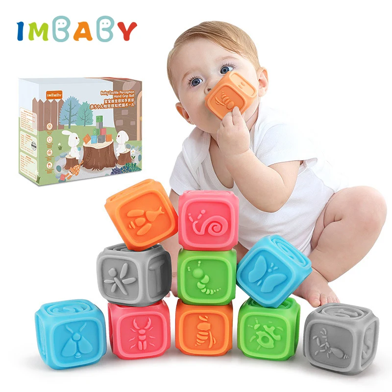 

IMBABY 10pcs Bath Toy Float Water Squeeze Sound Toys For Bath Baby Kids Cognitive Building Blocks Rubber Bath Toys Bite Teether
