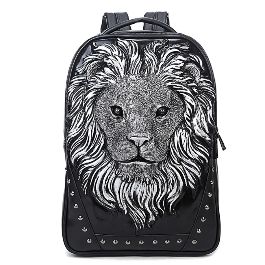 

New 3D Embossed Lion Head Rivet Goth Backpack For Men Women High Quality PU Leather Travel Backpacks Laptop Teenager School Bag