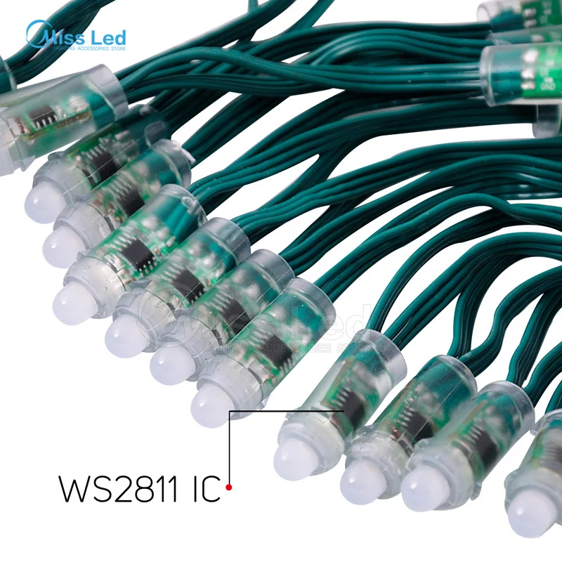 

Wholesale 100pcs 12mm WS2811 Led pixel Module Green Wire, 2811 IC , waterproof IP68 RGB Dream color Addressable ,DC5v input