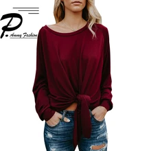 Женская Осенняя футболка с узлами и открытыми плечами больших размеров женские модные свободные пуловеры с длинными рукавами и круглым вырезом
