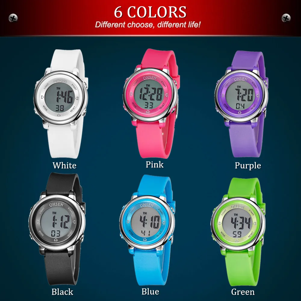Лидер продаж OHSEN цифровой ЖК-дисплей Модные Зеленые детские наручные часы детский резиновый ремешок для спорта на открытом воздухе водонепроницаемые Мультяшные часы для мальчиков
