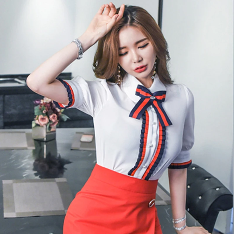 

Women White Preppy Style Chiffon Ruffles Patchwork Half Sleeve Blusas Femme Turn-down Collar Bow Single Breasted Blusa OL Top