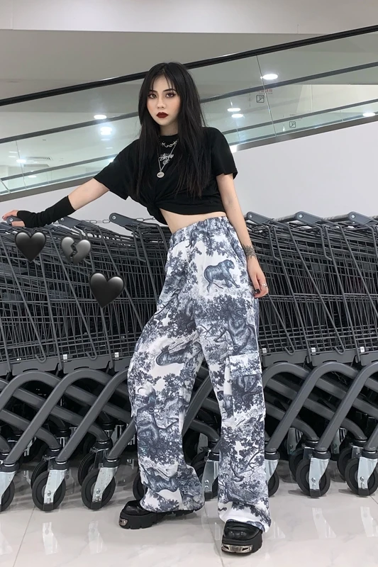 Neploe High Waist Straight Trousers Harajuku BF Style Hip-hop Leisure Pants New Women Men Digital Printed Long Pants 53634