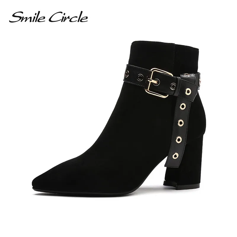 

Smile Circle Square Heel Pumps Genuine Leather Boots For Women Sexy Sheep Skin Pointed Toe banquet Ankle Boots Warm Fur boots