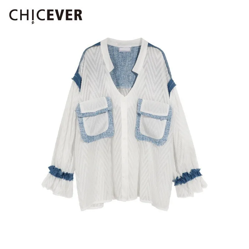 

CHICEVER Summer Casual Patchwork Denim Hit Color Chiffon Open Stitch For Women V Neck Long Sleeve Pockets Loose Female Coat 2019