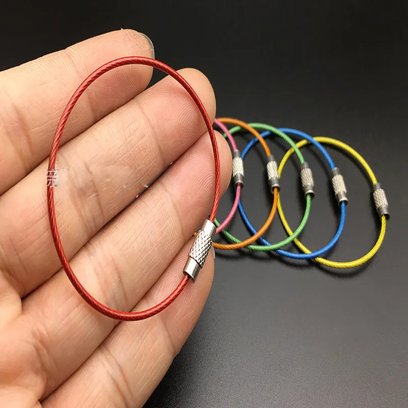 100Pcs EDC wire outdoor key Stainless steel keyring keychain ring lock gadget circle rope cable loop tag screw camp luggage