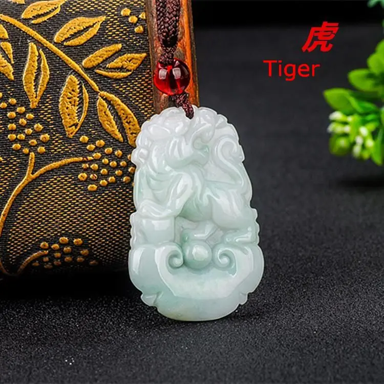 Happy Lucky Chinese Zodiac Tiger Amulet Black Green Jade Pendant 