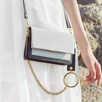 

FoxTail & Lily Contrast Color Leather Crossbody Bags Women Handbags Vintage Shoulder Bag Genuine Leather Round-link Chain Bag