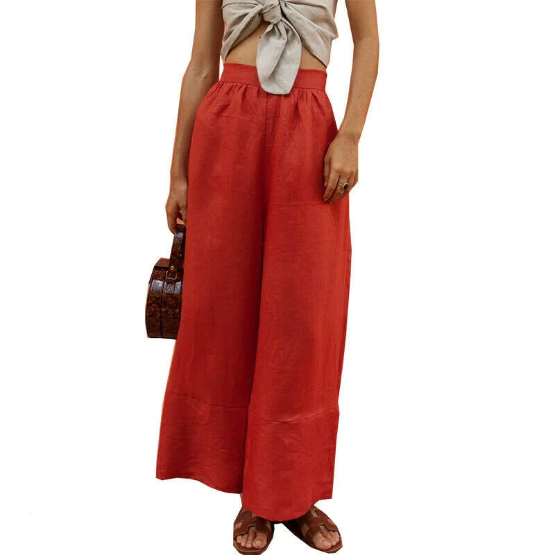 Hirigin женские повседневные брюки с высокой талией из хлопка и льна, широкие брюки, 3 цвета, праздничные брюки - Цвет: Красный