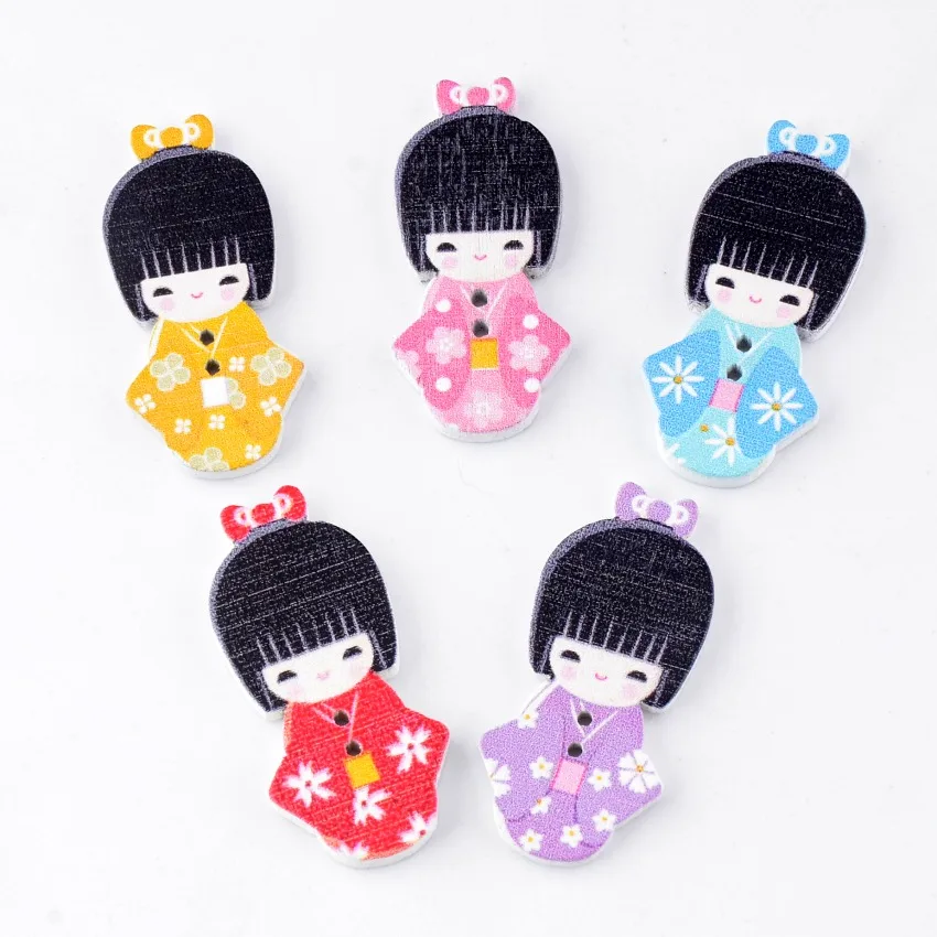

Retail For Diy 10Pcs Random Mixed Lovely Japanese Kimono Doll 2 Holes Wood Painting Sewing Buttons Scrapbooking 18x39mm F0248
