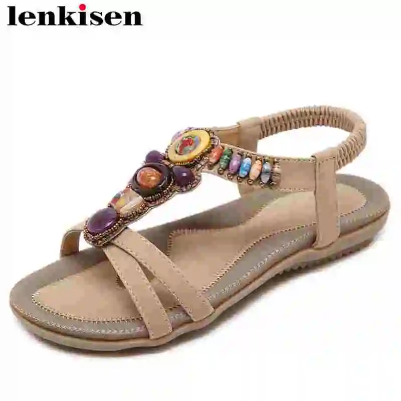 

Lenkisen mixed colors pu large size Bohemian style dress peep toe beading elastic band low bottom tour sand women sandals La8