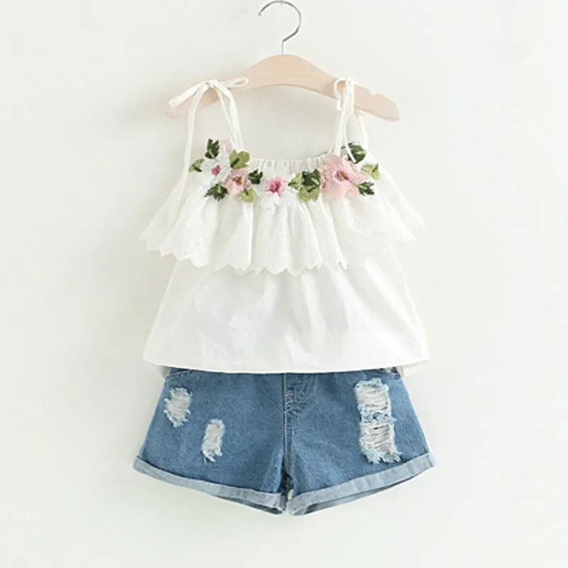 

Fashion Girls Clothing Set 2019 Summer Baby Girls Clothes White Jacket Flower Decoration+Denim Shorts Children Clothing