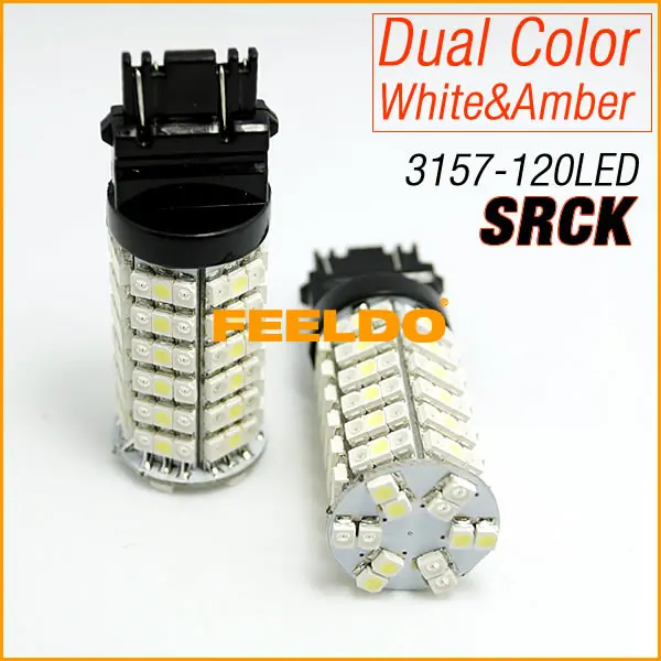 

FEELDO 2Pcs T25/3157/3057/3457/4157 Switchback 120SMD-1210 White/Amber Yellow Dual Color LED Light Bulbs #FD-4007