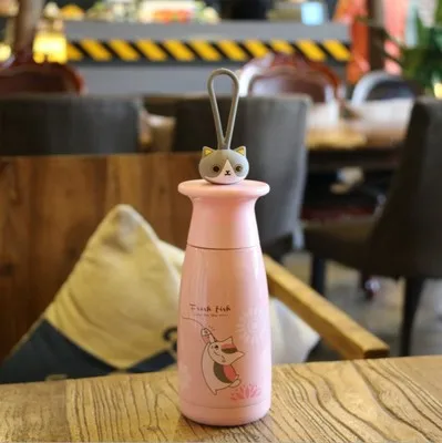 Portable cartoon cat thermos lovely Japanese animation surrounding stainless steel vacuum cup for water free shipping - Цвет: pink Thermos