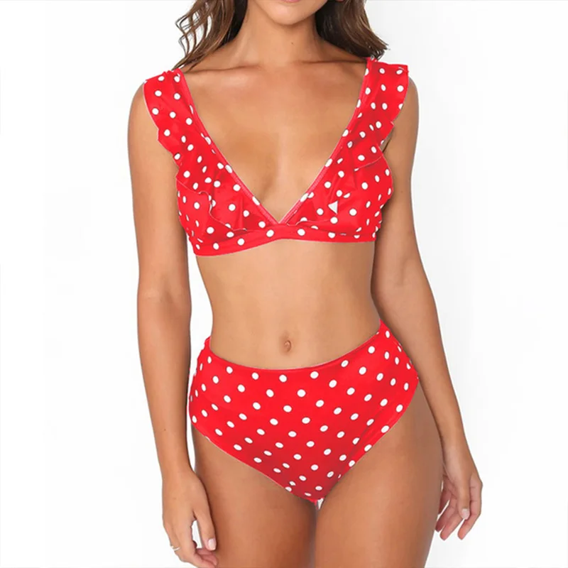 Kaufen TQSKK 2019 Push Up Bikinis Frauen Badeanzug Bademode Rüschen Bandeau Brasilianische Dot Hohe Taille Bikini Set Badeanzüge Biquini