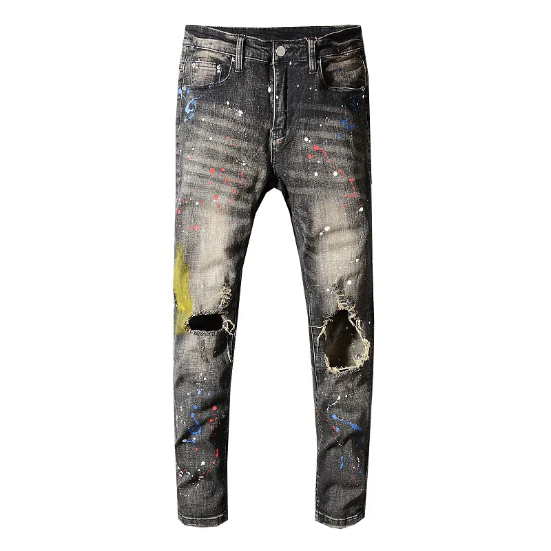 Fashion Streetwear Men Jeans Retro Black Gray Slim Fit Destroyed Ripped Jeans Men Paint Designer Printed 3