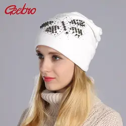 Geebro 2017 зимняя шапка бини женские теплые бархатные шапки для женщин шапочки шапки жемчуг Бабочка Алмаз шапочка с ушками