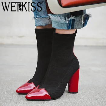 

WETKISS Plus Size 33-46 Pu Ankle Women Boots Pointed Toe Footwear Thick High Heels Female Boot Zip Party Shoes Woman 2018 Winter