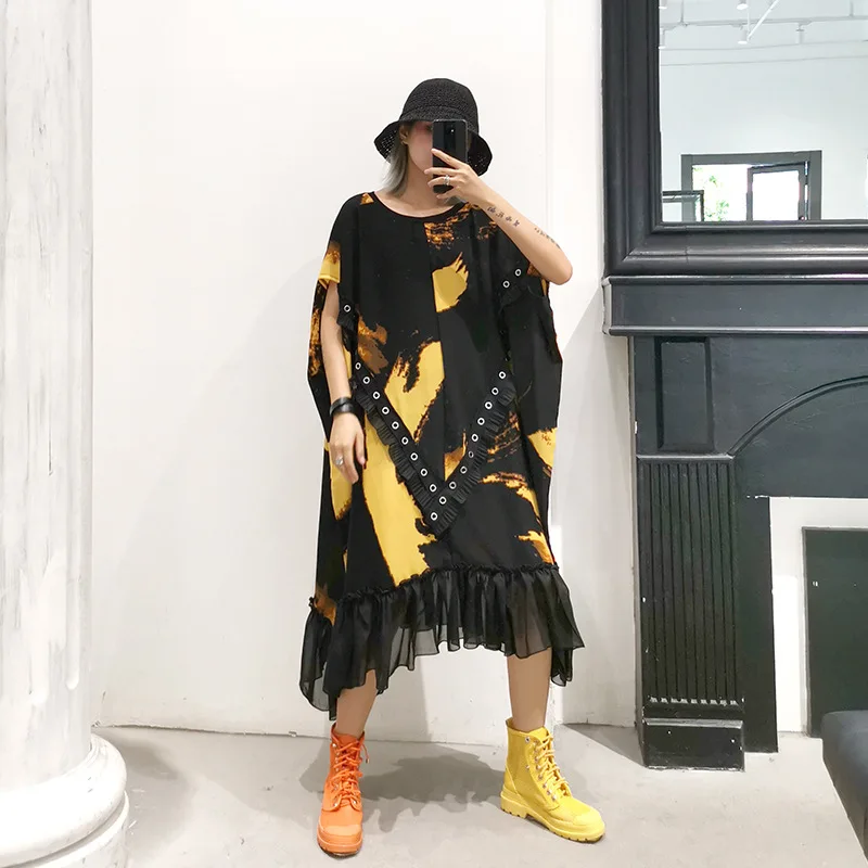 

Women Summer Short Sleeve Oversized Pleated Design Loose Long Dress Female Streetwear Plus Size Dress Gothic Casual Dresses