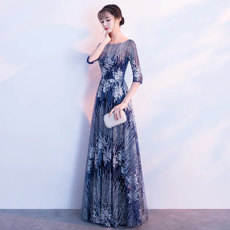 Slim o Pescoço Vestido de Noite Sexy Lantejoulas Melhorou Cheongsam Estilo Chinês Vestidos Tamanho S-3xl