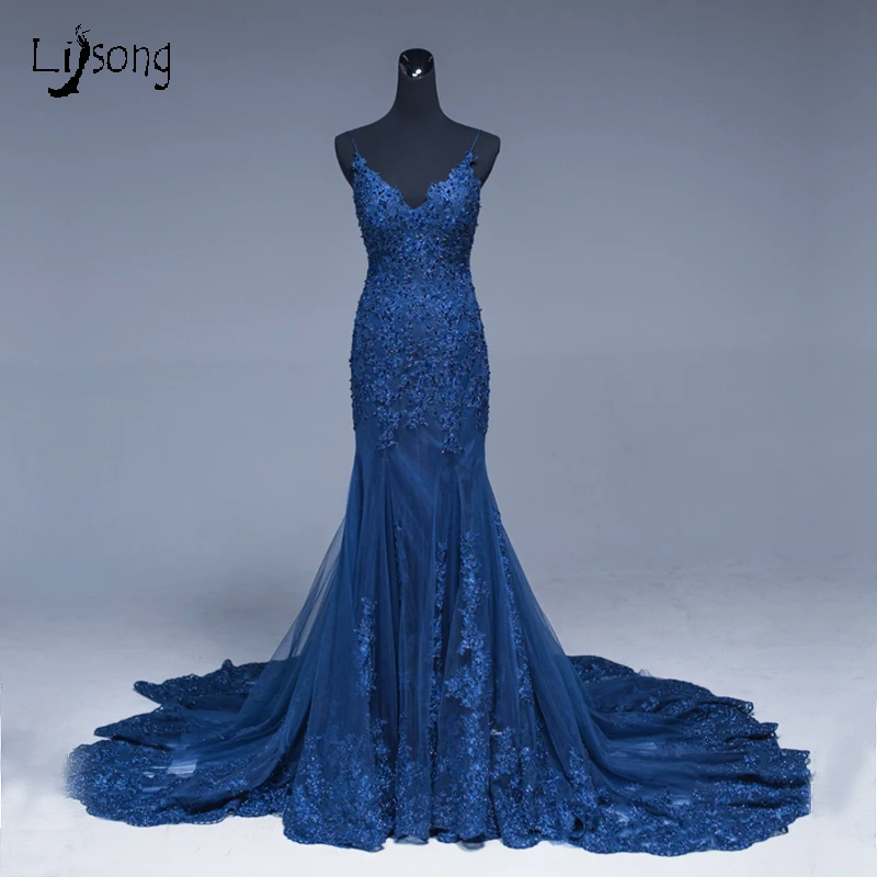 

Saudi Arabic Mermaid Lace Evening Dresses Navy Blue Long Prom Gowns Abiye Sexy Formal Evening Gowns Crystal Abendkleider