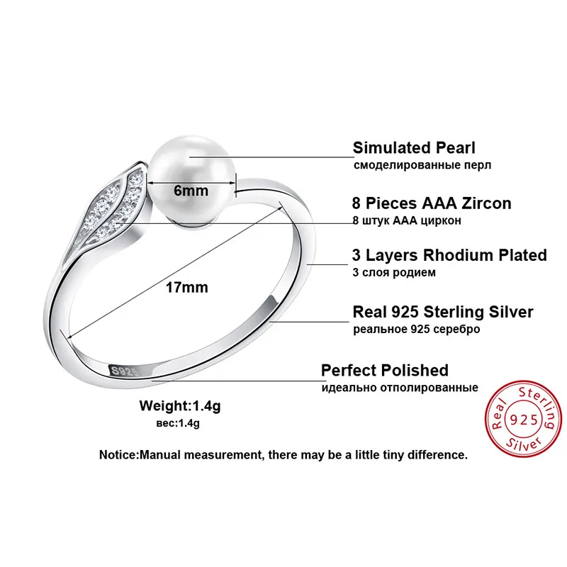 ORSA JEWELS Silver 925 Leaf CZ Rings Reliable with Big Simulated Pearl Sterling Silver Jewelry for Women SR16