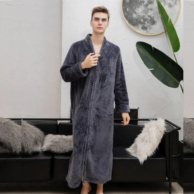 Любители уютный на молнии длинный халат банный халат, флис туалетный халат для женщин махровые халат фланелевые халаты - Цвет: men gray