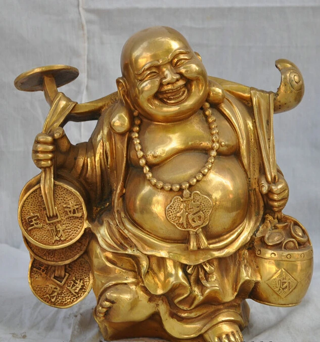 

S4336 10" Chinese Pure Brass Happy Laughing Maitreya Buddha Carry Treasure Statue D0317