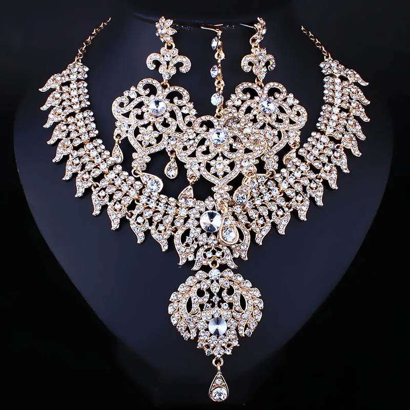 Skup FARLENA biżuteria jasne kryształki górskie żyrandol naszyjnik kolczyki przedni łańcuch romantyczne indyjskie zestawy biżuterii dla panny młodej