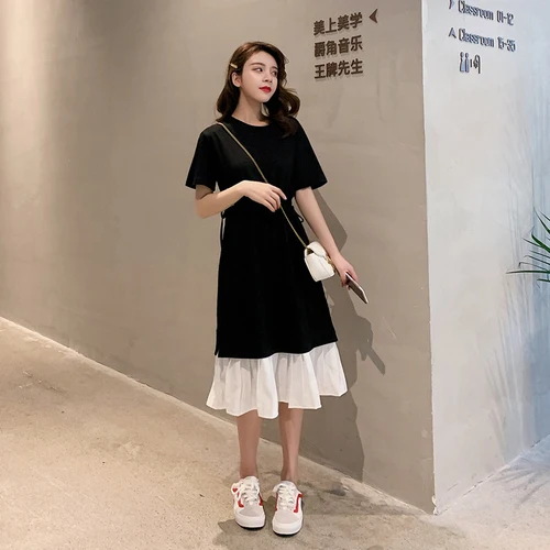 2019 Summer Women Faux Two Pieces Dress Vestido De Festa Ropa Mujer Casual Loose Short Sleeve O-neck Black Yellow BV90 | Женская одежда