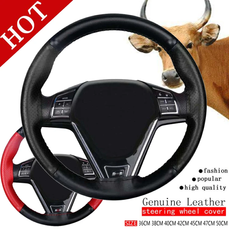 

DIY Genuine Leather Car Steering Wheel Cover Soft Anti slip 100% Cowhide Braid With Needles Thread 36 38 40 42 45 47 50cm Size