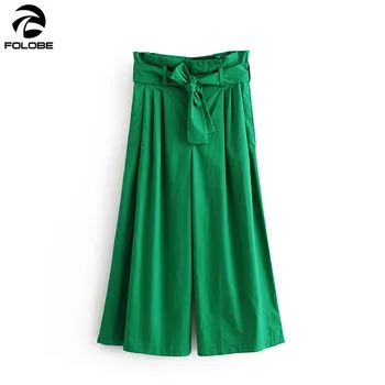 

FOLOBE 2020 Spring Self Belted Box Pleated Pants Women Elegant Loose Long Pants Fall Ginger High Waist Wide Leg Pants