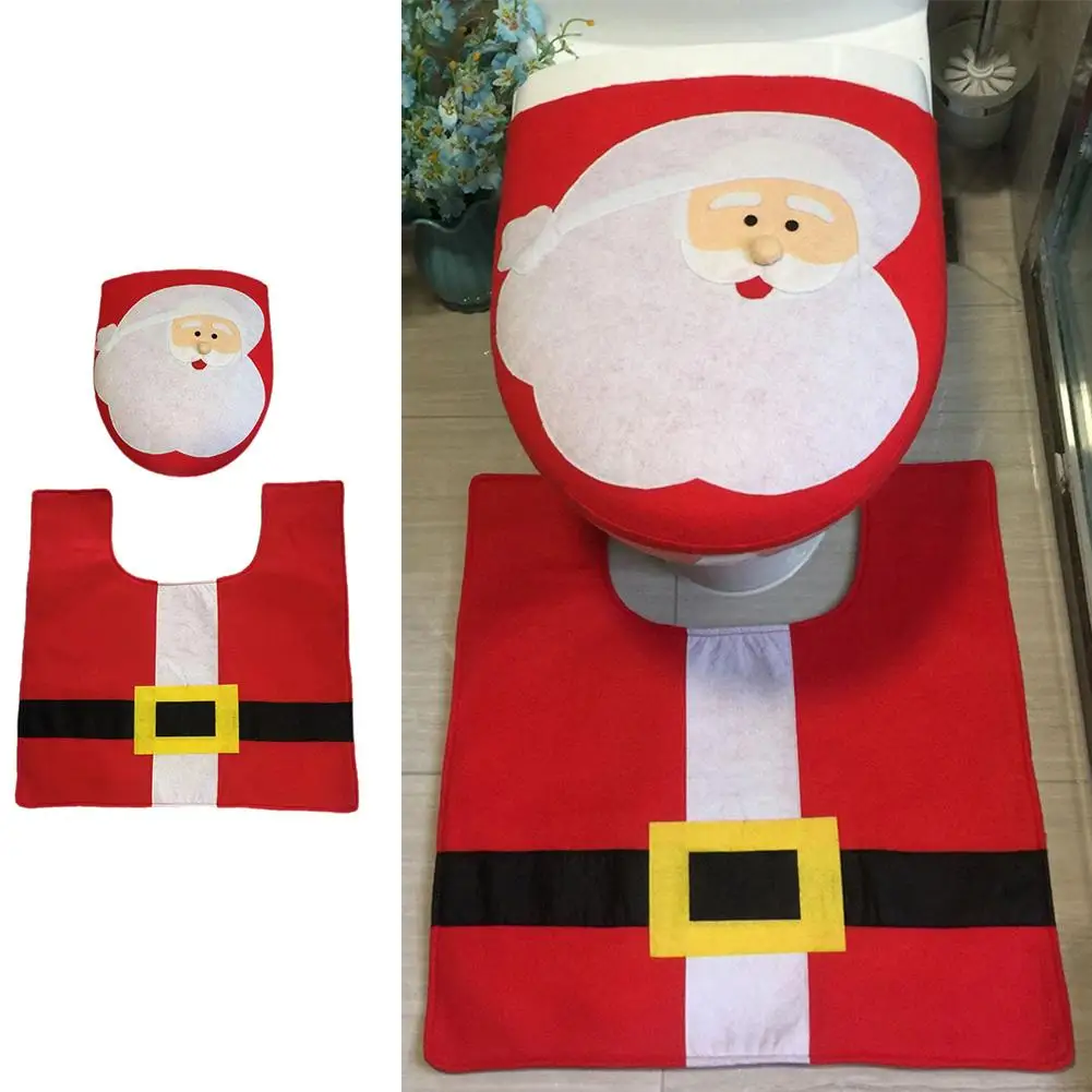 2Pcs Of Santa Claus Toilet Seat Cover And Rug Bathroom Set Christmas Decorations warm cushion