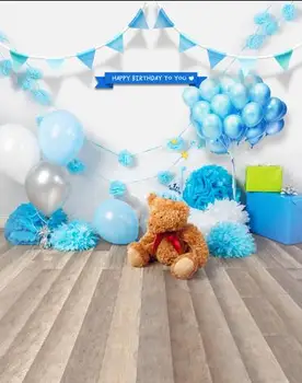 

Blue Flag Balloon Teddy Bear Wood Floor photo studio background Vinyl cloth High quality Computer print birthday backdrops
