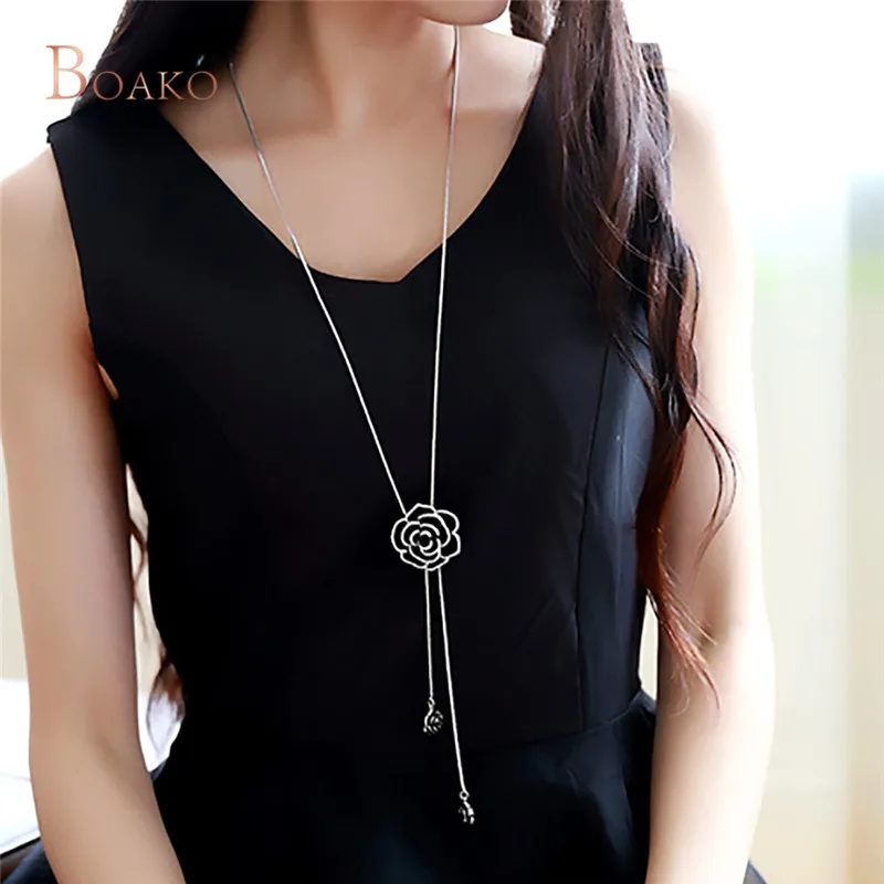 Black Rose Flower Long Necklace with Cubic Zirconia Sweater Chain