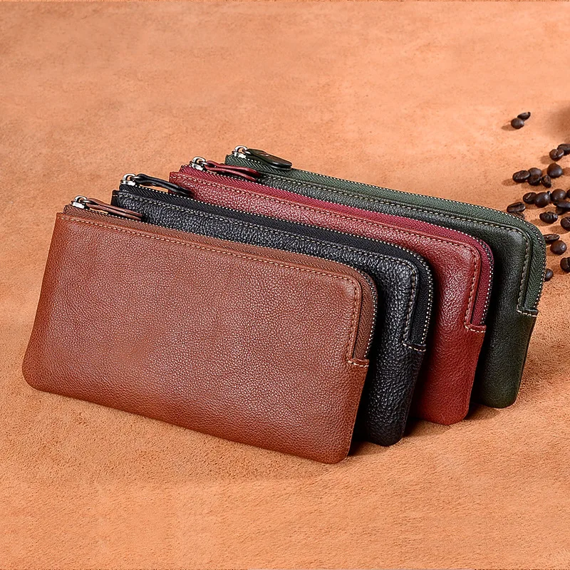

2019 mobile wallet men's genuine leather handmade retro thin wallet zipper long Style large capacity wallets Solid color purse