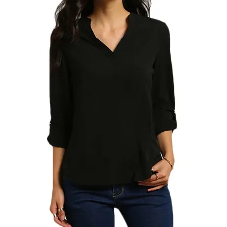Женские блузки, Свободные повседневные шифоновые блузки, женские рубашки с длинным рукавом и v-образным вырезом, блузки, топы, женские блузки размера плюс S-XXXXXL - Цвет: Black