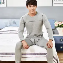 С низкой талией мужские термобелье кальсоны с круглым воротником утолщаются теплые плюс бархат slim fit мужское хлопковое нижнее белье(1 комплект